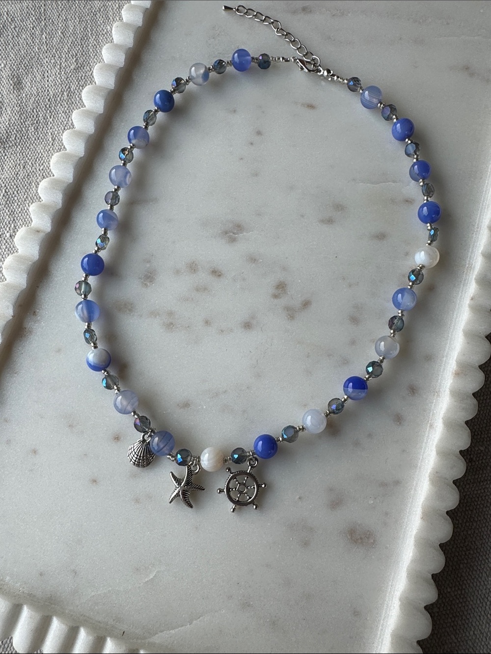 Blue Beaded Nautical Charm Necklace with Silver Charms